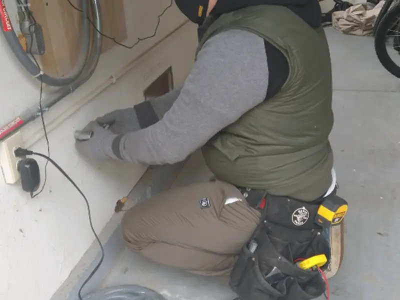 Electrician performing outlet wiring in a Brown garage